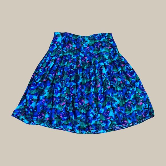 Vintage Blue and Green Pleated Floral Semi Circle Midi Skirt - Picture 5 of 6